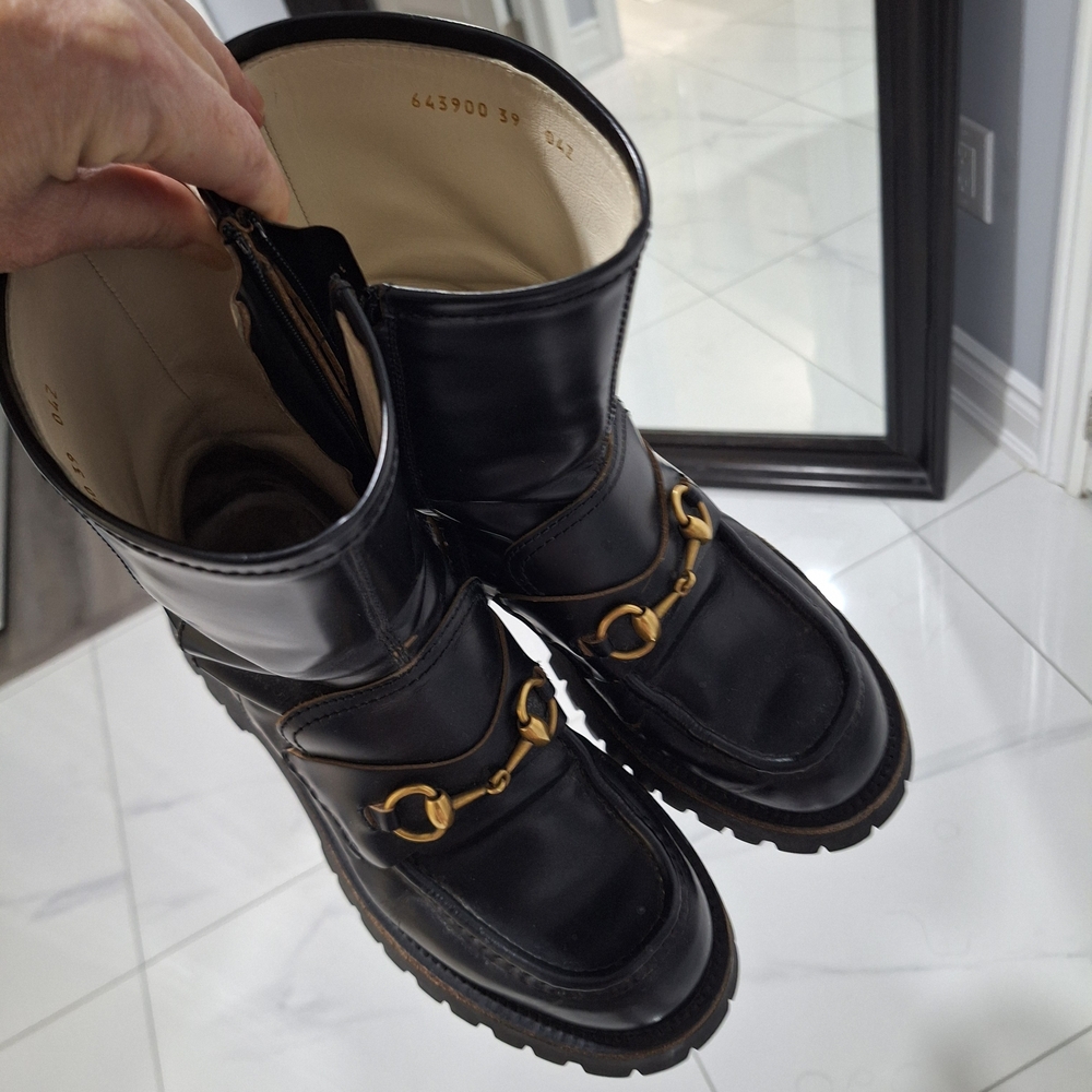 Gucci Black Leather Ankle Boots with Gold Horsebit